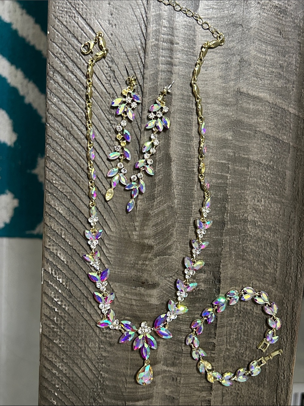 Gold-Tone Aurora Crystal Necklace and Earring Set in Iridescent Hues